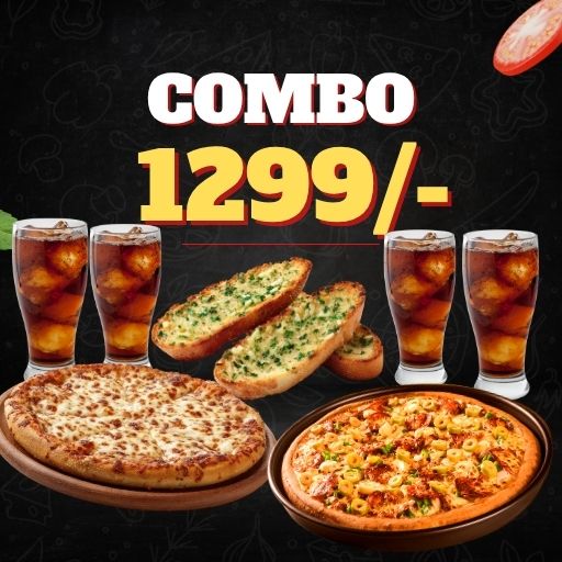 Combo  @ 1299/- : 2 Large Pizza + 2 Cheese Garlic Bread + 4 (250ml) Cold Drink